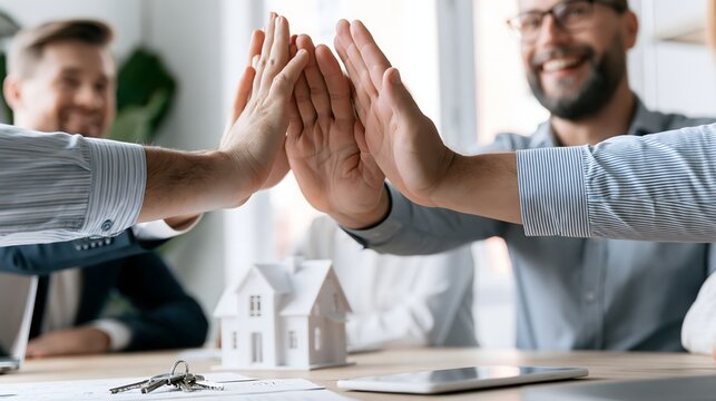 successful real estate business concept, professional agency team celebrating completion of a property transaction in a modern office, house keys and architectural model on conference table,
