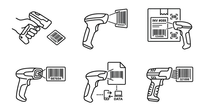 Barcode scanners and labels a flat vector illustration set