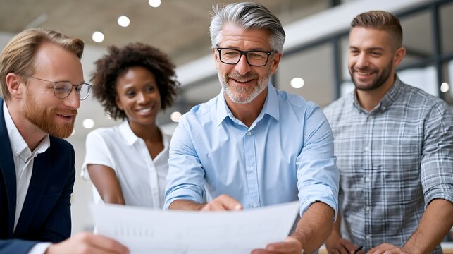 Corporate HR management team discussing strategy in a modern office, diverse executives collaborating around a table, professional business atmosphere, realistic commercial photography