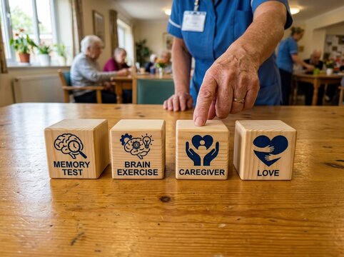 Dedicated caregiver points at wooden blocks featuring conceptual icons representing memory test, brain exercise, supportive care and unconditional human love