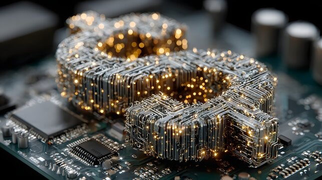 Interconnected digital lines forming a financial symbol over a circuit board, semiconductor investment and technology finance concept, clean vector design