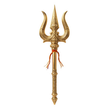 Ornate golden trident with decorative engravings with tied shaft on transparent background