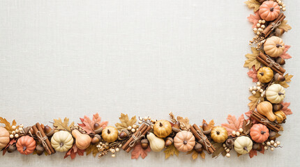 Obraz premium Decorative autumn corner frame with pumpkins and cinnamon sticks on light textured fabric background for harvest festival invitation.