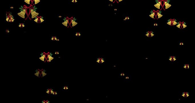 Animated gold christmas bells with red bows floating on black background bell ribbon bow holiday