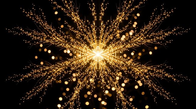 Golden light particles exploding in a starburst pattern on black