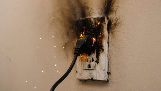 Burnt electrical outlet with fire and smoke damage on wall, showing hazard and safety risk from faulty wiring