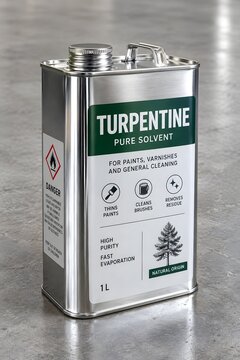 Commercial product shot of silver metal container of turpentine paint thinner standing on industrial concrete floor in home improvement hardware setting.