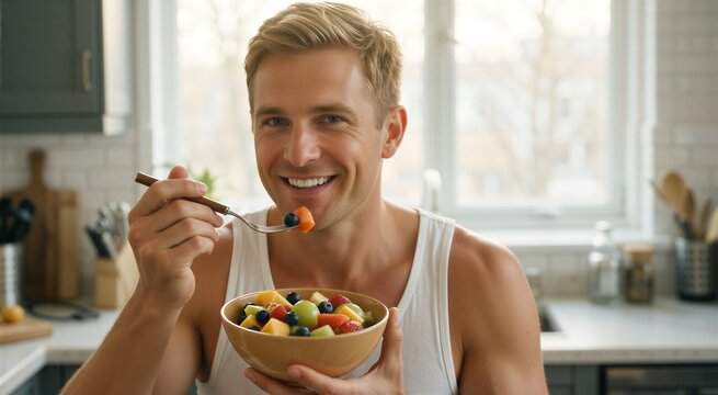 Happy man enjoying a bowl of fresh fruit salad in a bright kitchen, promoting wellness and healthy habits.