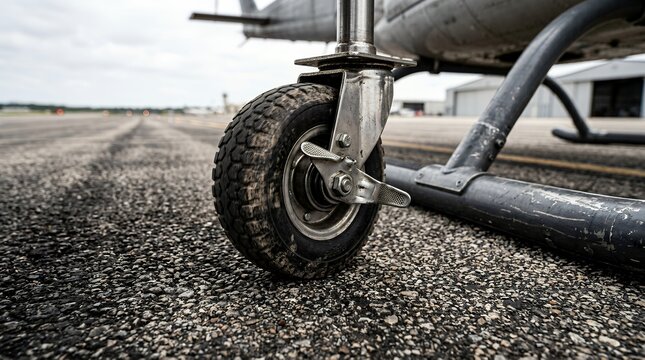Heavy-duty medical stretcher caster wheel rolling on coarse airport runway near helicopter landing skid