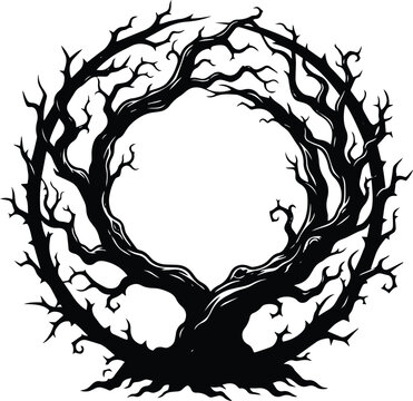 Haunted tree vector silhouette illustration featuring twisted bare branches in a circular wreath frame for dark fantasy vector design projects
