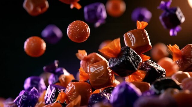 Orange, purple and black Halloween candy falling in slow motion against a black background, tumbling and bouncing as it piles up, warm and purple rim light, close-up macro