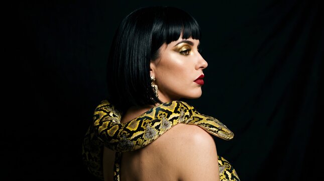 Young woman with a python snake around her neck against a black background