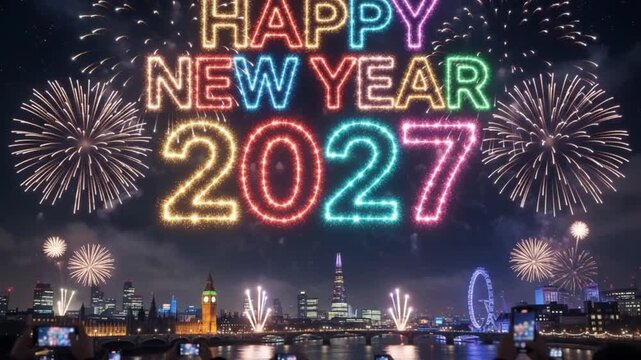Happy New Year 2027 Celebration Fireworks Over London Skyline at Night