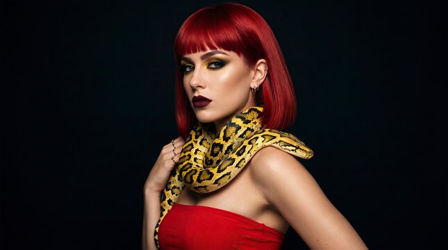 Young woman with red hair posing with a yellow python on shoulders