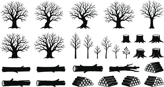 Black and White Tree Stumps Logs Pinecones Woodland Silhouette Collection