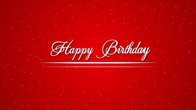 Extravagant happy birthday celebration message with white glitter shower, sparkling particles, on red background, 4k video with line animation, happy birthday celebration typography
