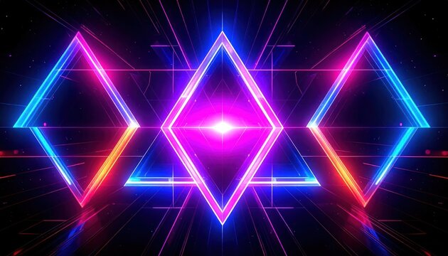 Three neon triangles with glowing center on dark background.