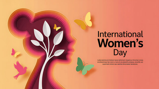 International womens day paper cut silhouette of a womans profile with butterflies