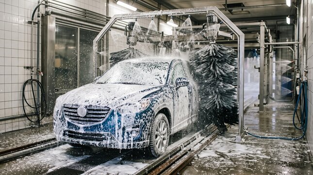 Blue crossover vehicle undergoing automatic foam wash in industrial car facility