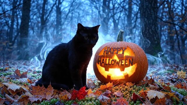 Spooky Black Cat Sitting Near Glowing Jack-o'-Lantern in Dark Forest