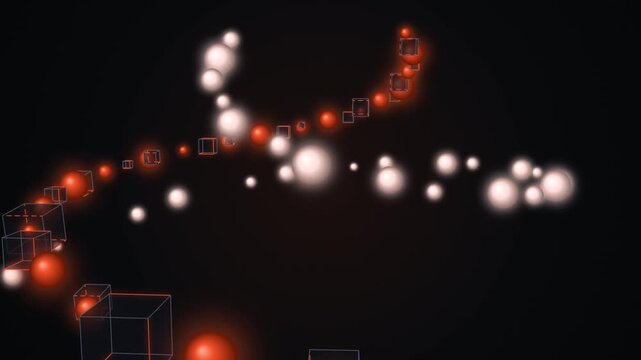 Abstract 3d digital animation with glowing spheres and wireframe cubes moving along a curved path in a dark space.