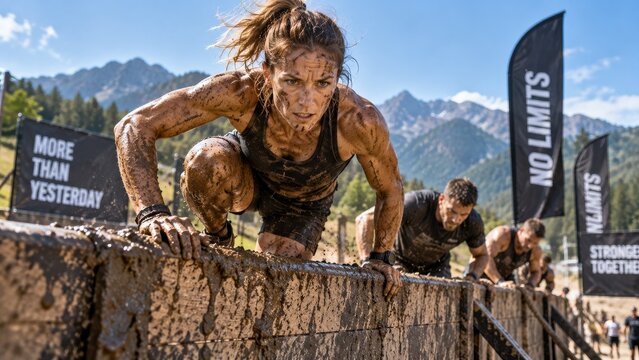 Female athlete climbing muddy obstacle course outdoors