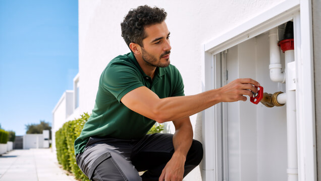 Male technician adjusting water valve on exterior wall. Plumber in green polo shirt repairing utility pipe system outdoors. Maintenance and service concept