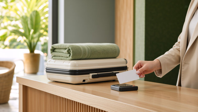 Hotel check in with contactless keycard. Guest holding white card over reader at reception desk with suitcase and towel. Hospitality and travel concept