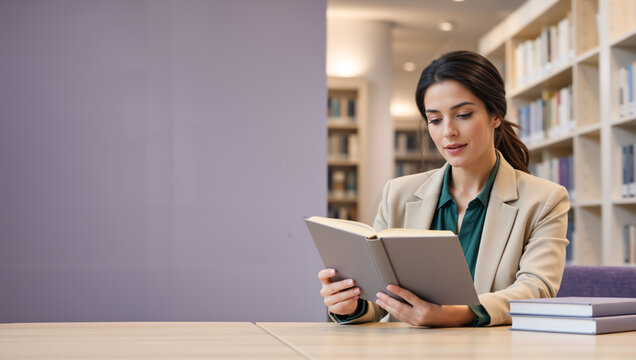 Young woman reading a book at a wooden table in a library. Female student in a beige blazer studying in a university library. Education and learning concept