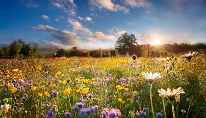 Fototapeta premium A Field Of Wildflowers Left To Grow Wild Providing Habitat For Pollinators And Other Wildlife