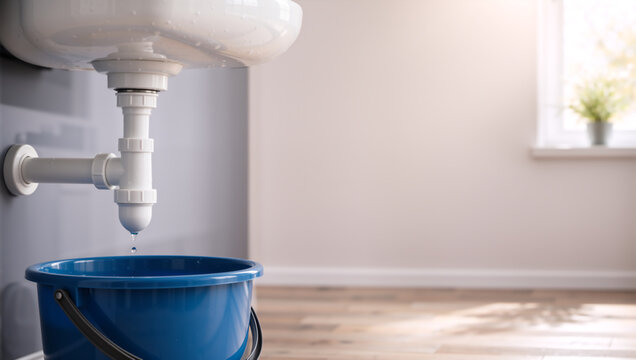 Water dripping from a leaking sink pipe into a blue bucket. Home plumbing issue and maintenance concept. Close up of a leaky drain siphon under a bathroom basin