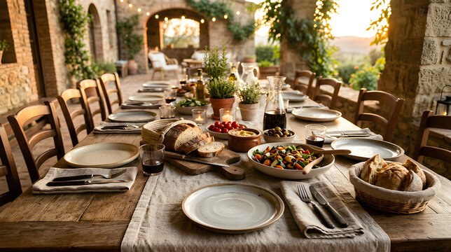 Long wooden dining table set for an outdoor dinner party on a rustic stone patio