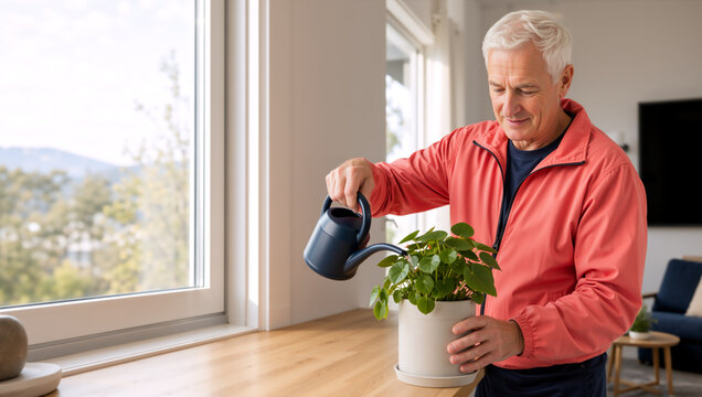 Senior man watering a green houseplant on a windowsill. Retired male caring for potted plant with watering can at home. Active retirement lifestyle