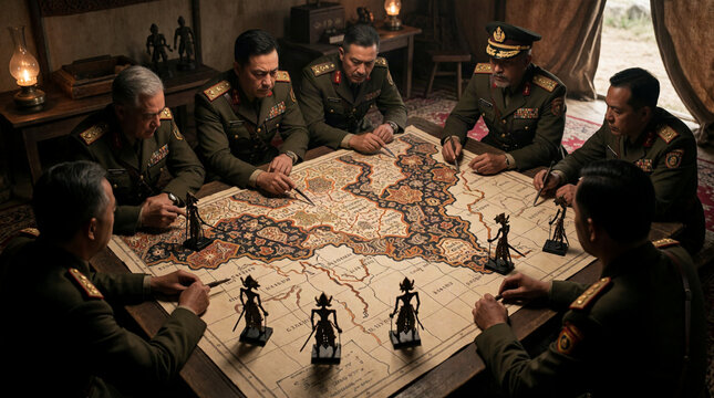 Strategic war game with soldiers analyzing battle tactics on vintage map table