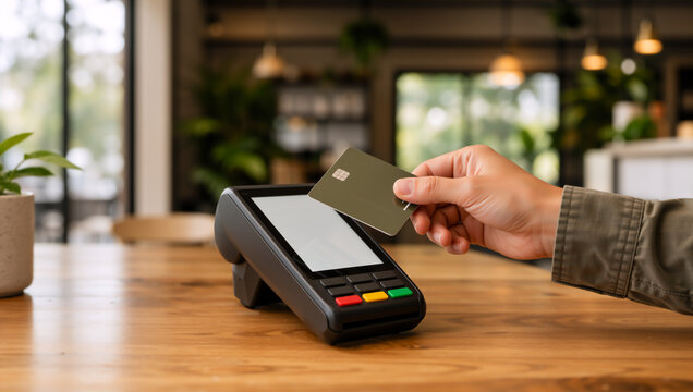 Contactless payment with credit card at a cafe. Close up of hand tapping card on POS terminal on wooden table