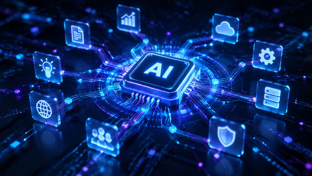 Centralized AI Microchip Hub Managing Enterprise Cloud Network and Automated System Ecosystem