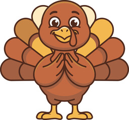Obraz premium A cute cartoon turkey character standing with hands together in a polite gesture isolated on a white background for thanksgiving holiday design projects