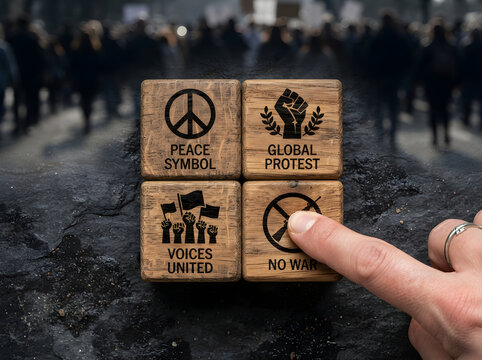Four rustic wooden blocks featuring engraved social justice symbols with a human finger touching the concept of no war today