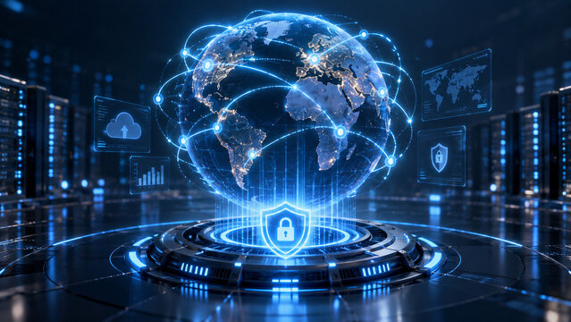 Global cyber security lock shield surrounding network globe in data center representing international data protection systems