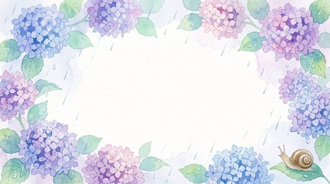 Watercolor hydrangea and raindrops border frame for the rainy season