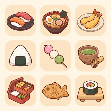 Japanese food flat icon set with sushi ramen tempura and bento