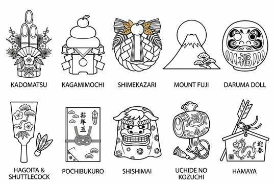 Japanese New Year props line icon set with kadomatsu daruma and lion dance