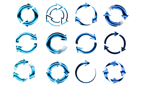 circular arrow icons, 3D blue chrome cycle signs, refresh reload arrows set, repeat loop sync symbols, glossy metallic recycling emblem, futuristic update pointer icons, rotating circular arrows