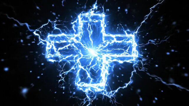 Glowing Blue Neon Medical Cross Symbol with Electrical Sparks