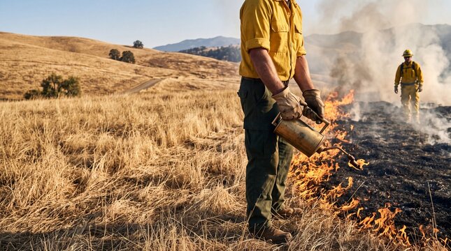 Wildfire controlled burn with firefighters, prescribed fire management in dry grass, forest service drip torch operation