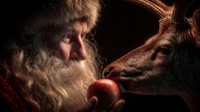 Santa Clause Offering Red Apple to Reindeer