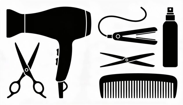 hair salon tools set, barber equipment vector, hair dryer, scissors, comb, hair straightener, spray bottle, salon accessories, hair styling equipment, beauty parlor icon set, silhouette illustration