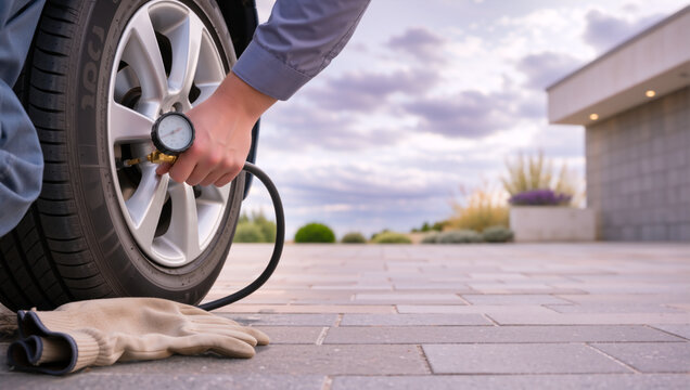 Checking tire pressure with a gauge. Car maintenance and safety inspection on a paved driveway. Close-up of hand inflating vehicle wheel