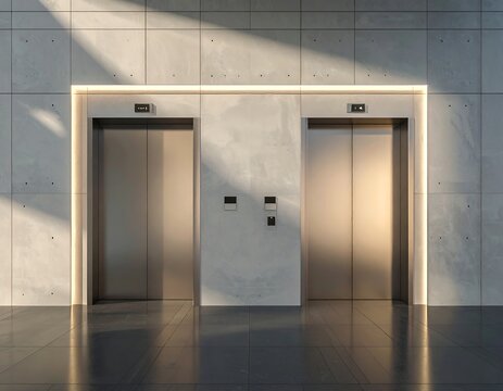 Modern commercial elevator doors with brushed stainless steel finish and concrete tile walls, ideal for corporate architecture and interior design projects.