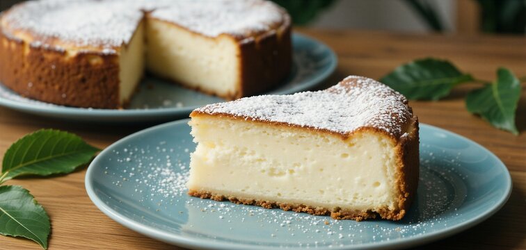 Lifestyle food photography featuring a slice of creamy cheesecake on a blue plate, perfect for a healthy breakfast.